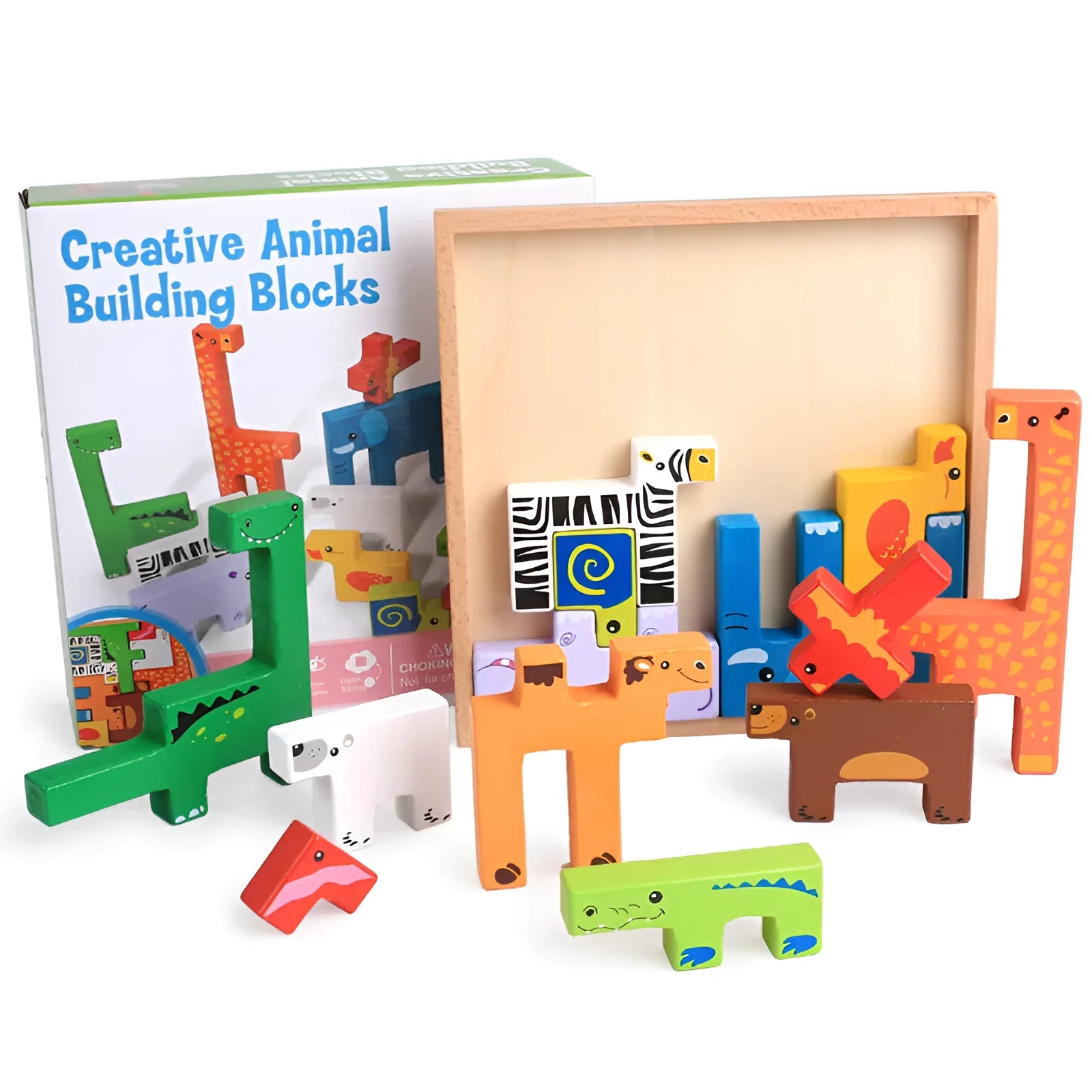 Beech wood 3D animal stack building blocks in colour box