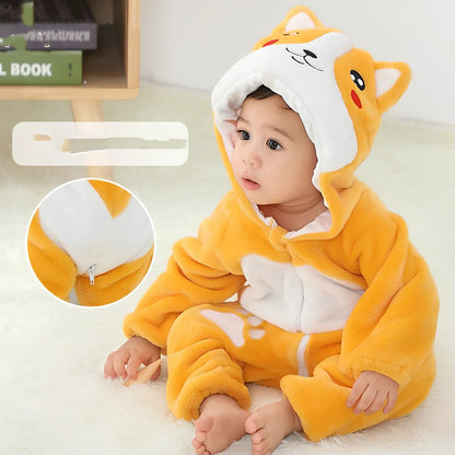 Cotton flannel baby romper with animal print design for winter wear, showing reinforced stitching and soft fabric texture