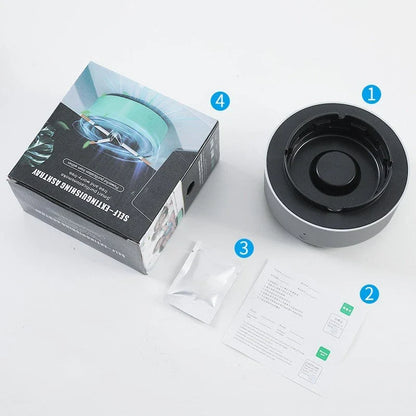 Stylish car ashtray with built-in air purifier for eliminating smoke and odors, featuring a compact, portable design and powerful 3600 RPM fan system.