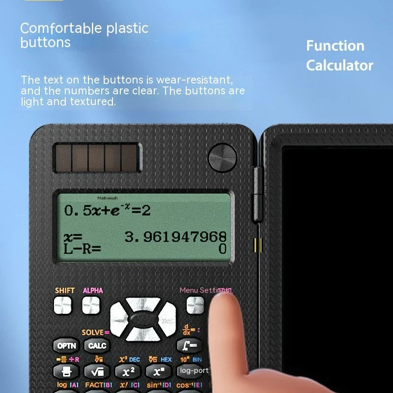 Foldable scientific calculator with integrated digital notepad for versatile productivity