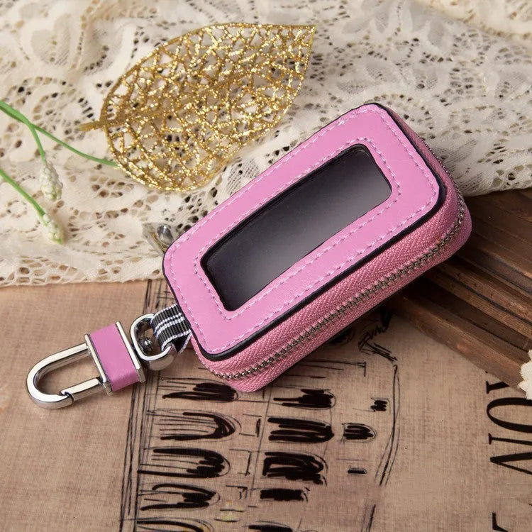 White genuine leather square car key case with plain weave texture, shown with dimensions.