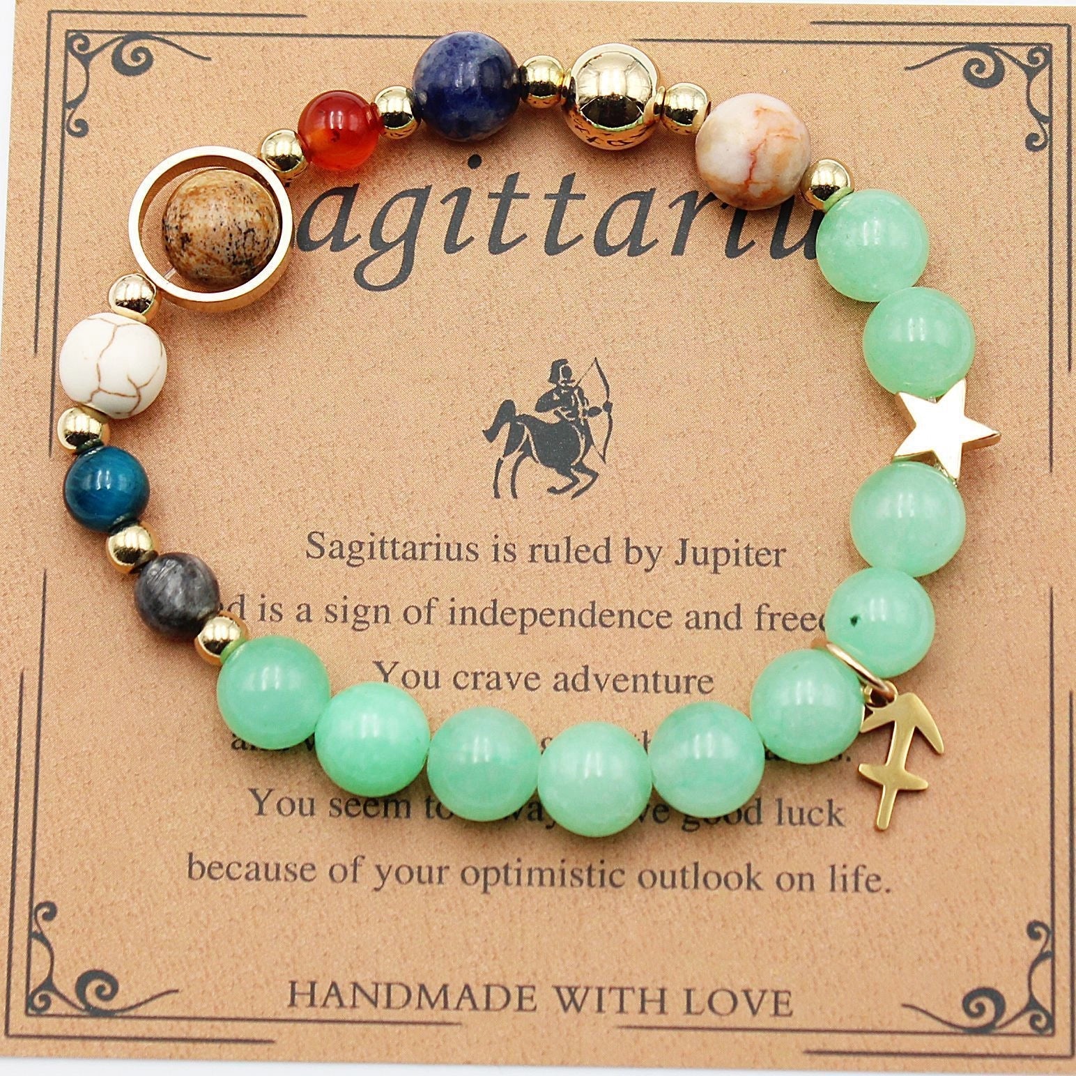 Morgan Stone beaded bracelet with twelve constellation designs, showcasing personalised zodiac signs.