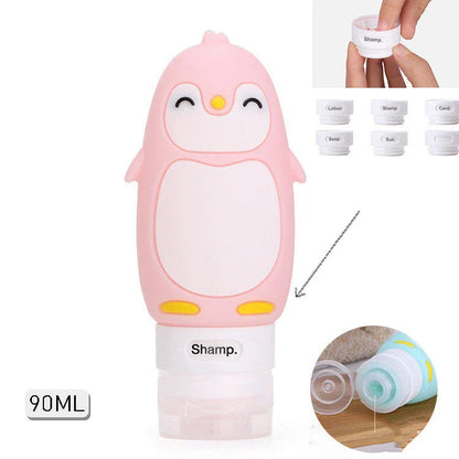 Portable travel bottles in various animal-themed designs for storing toiletries and liquids