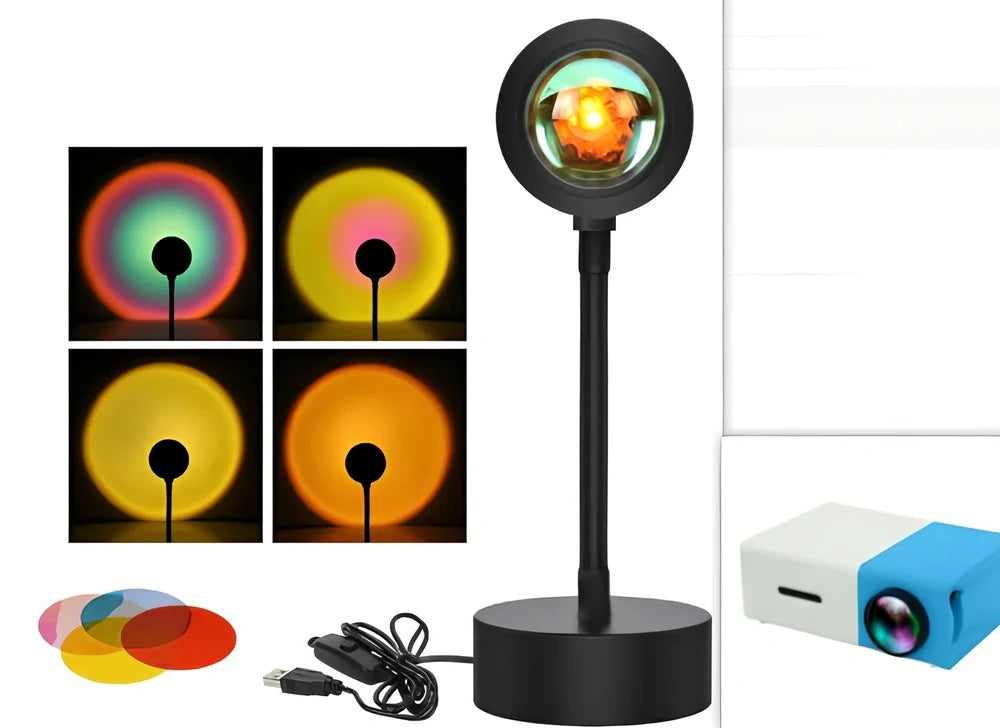 Adjustable sunset projection lamp with iron shell, 80x100x270mm, projecting 4 light modes on wall via USB 5V power