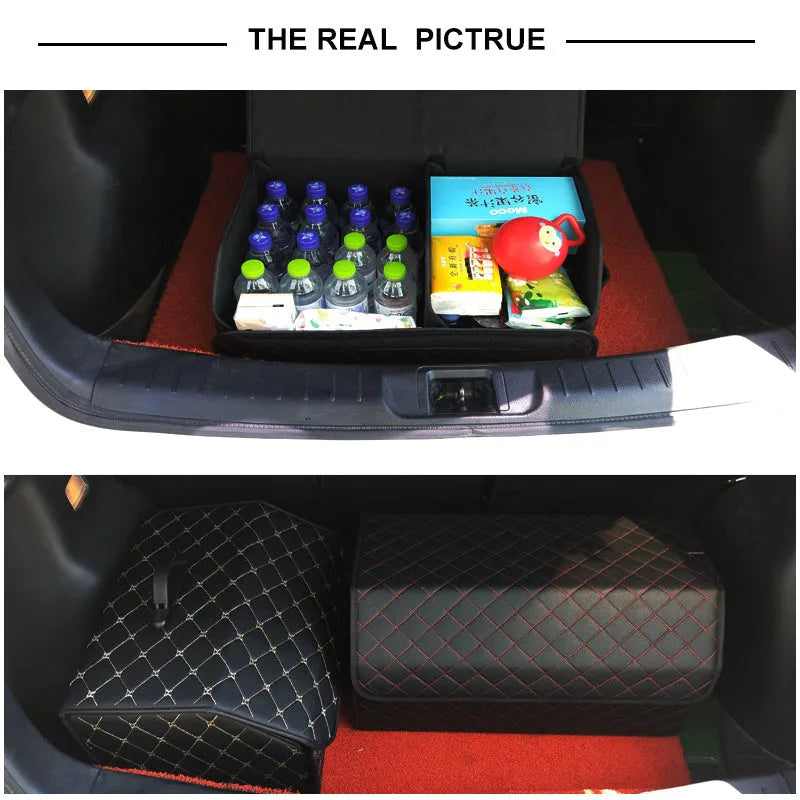 Foldable car leather storage box in black and blue, three sizes, on a flat surface