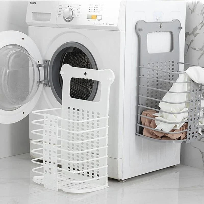 Foldable white laundry basket with handle for clothes and toys organisation