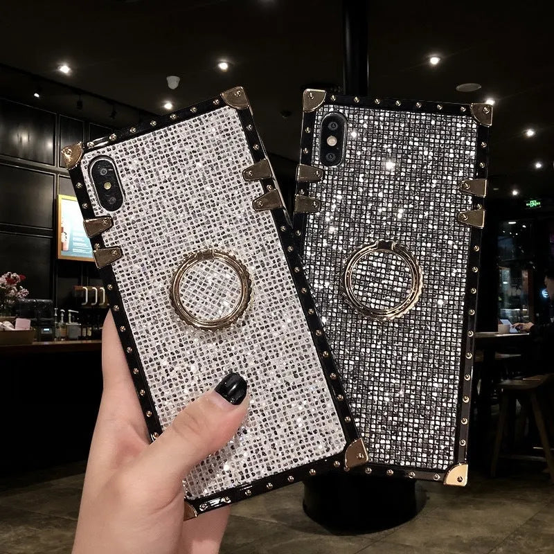 Square TPU mobile phone case with a flash diamond bracket design in silver colour