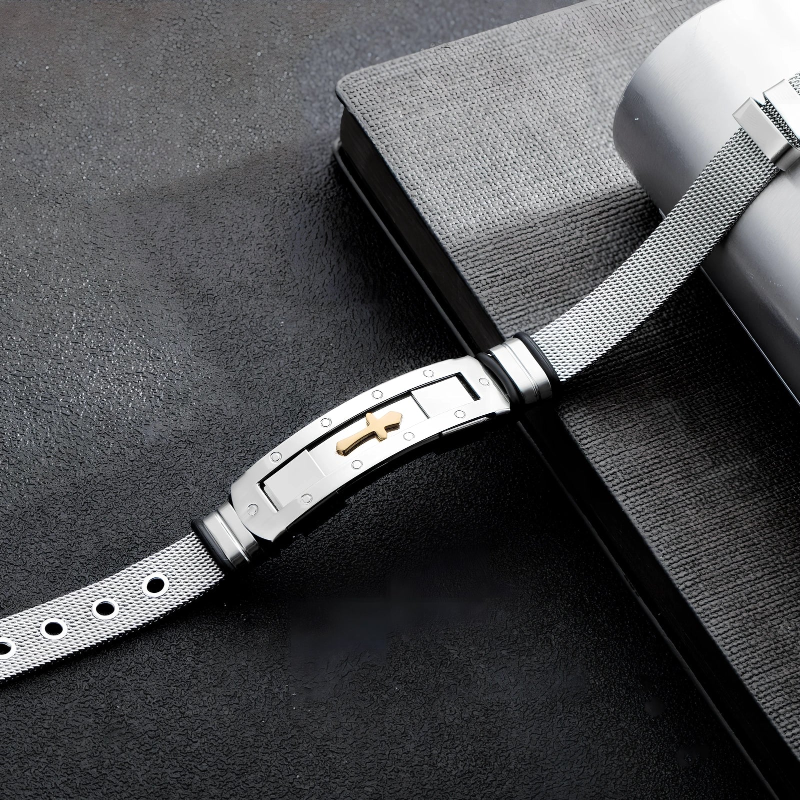 Men's adjustable stainless steel cross Bible charm bracelet, 12mm width, 17.5-22cm length, rust-resistant 316L metal with rope chain