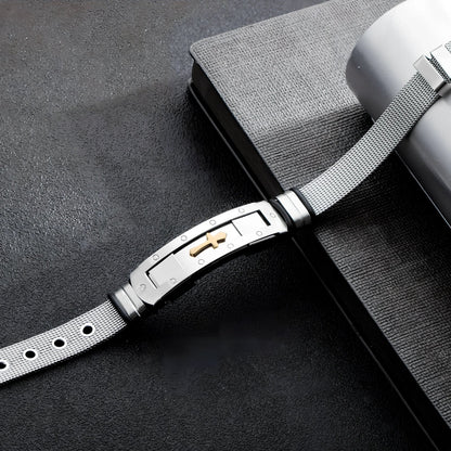 Men's adjustable stainless steel cross Bible charm bracelet, 12mm width, 17.5-22cm length, rust-resistant 316L metal with rope chain