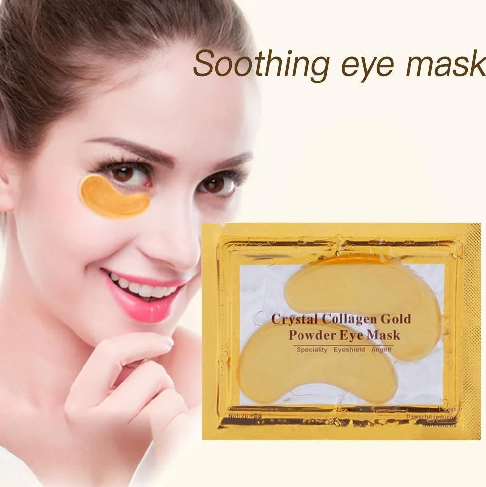 Gold crystal collagen eye patches applied under eyes for dark circle and fine line treatment