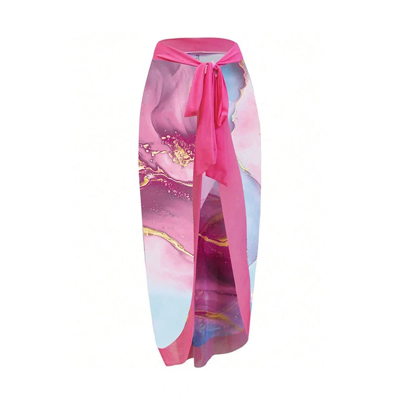 Women's printed sheath swimsuit with matching skirt for swimming activities