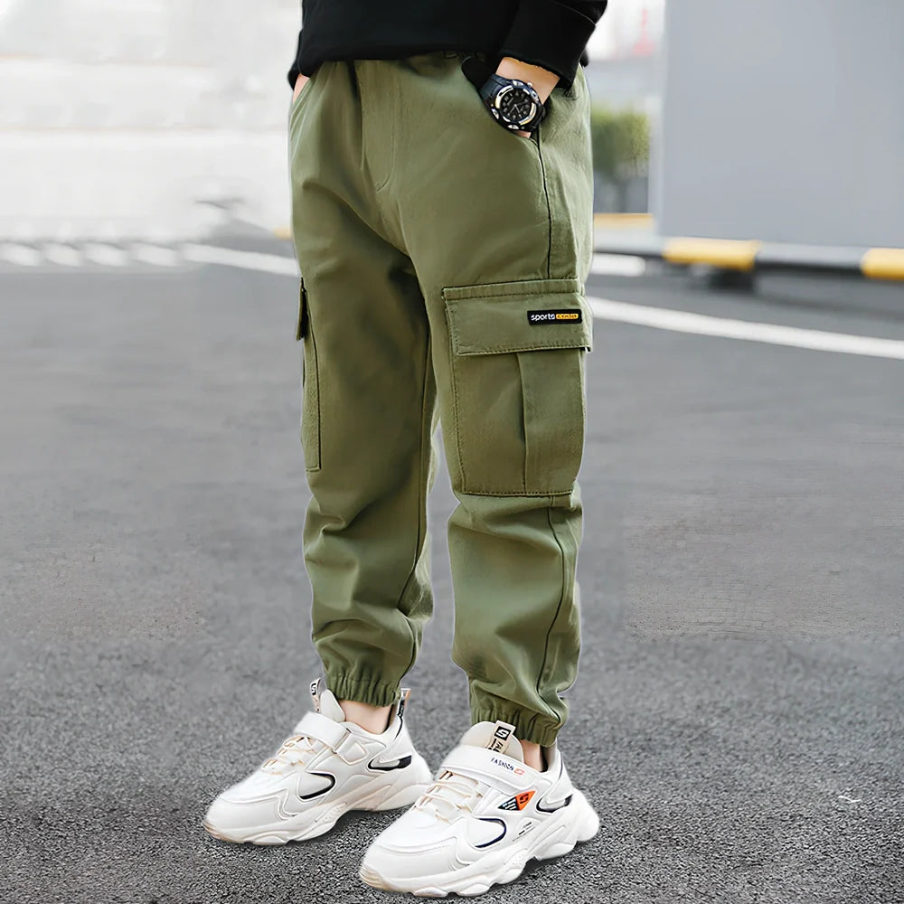 Boys' summer cotton overalls in army green, size 140cm with 75cm length and 24cm waist for casual play