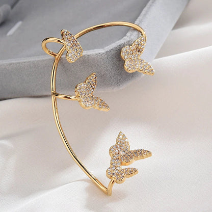 Sparkling butterfly-shaped ear cuffs with zircon stones, designed for fashionable jewelry without piercing