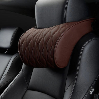 Embroidered memory foam car headrest and waist rest set in black and brown