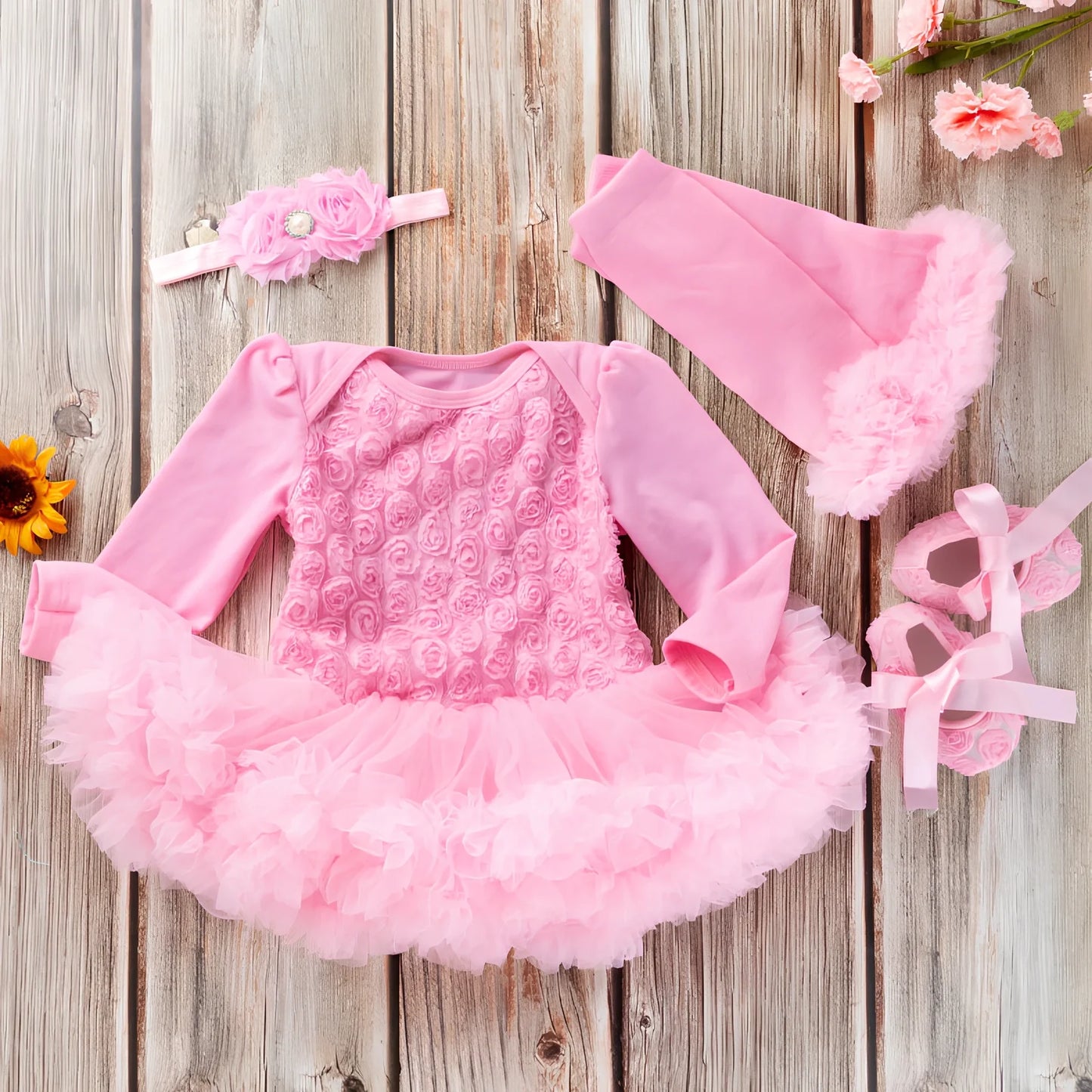 Baby girl long sleeve compound rose romper dress in pink cotton with flowers, size 59-80cm, including shoes and accessories