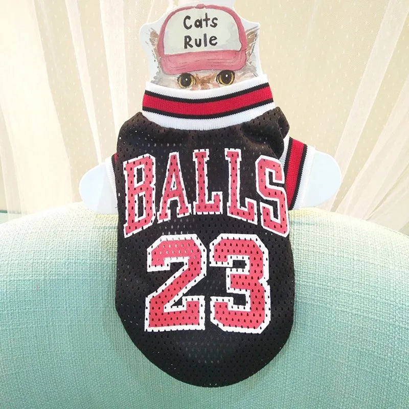 Casual black and red polyester dog sweatshirt vests shown in sizes from small to extra-extra large.