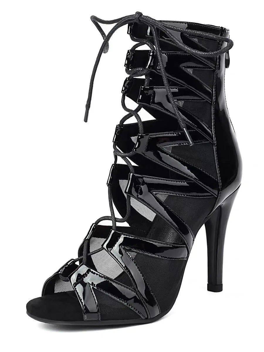 Women's jazz high heel booties in apricot with belt buckle and hollow mesh on the upper
