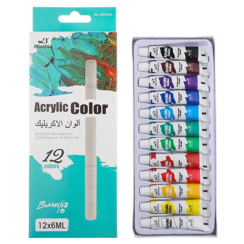 Set of 12-colour paint tubes for acrylic, gouache, watercolour, and oil painting techniques.