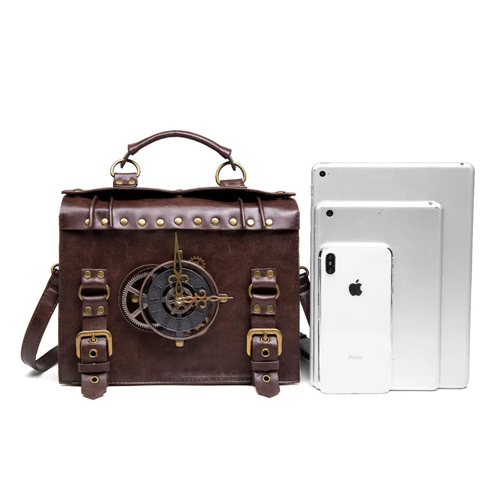 Bronze steampunk style square shoulder bag made of PU leather with metal hardware.