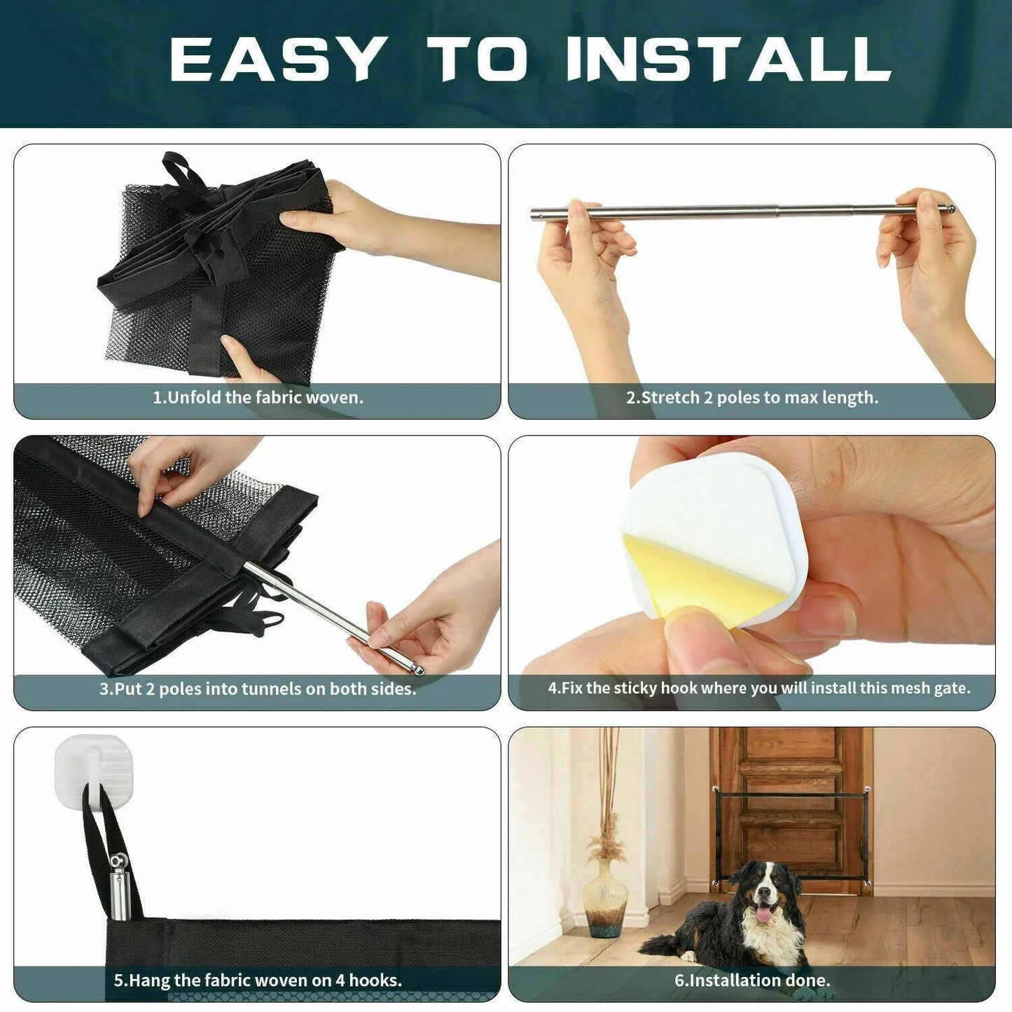 Portable safety gate with mesh fence for pets and babies, black color