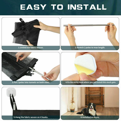 Portable safety gate with mesh fence for pets and babies, black color