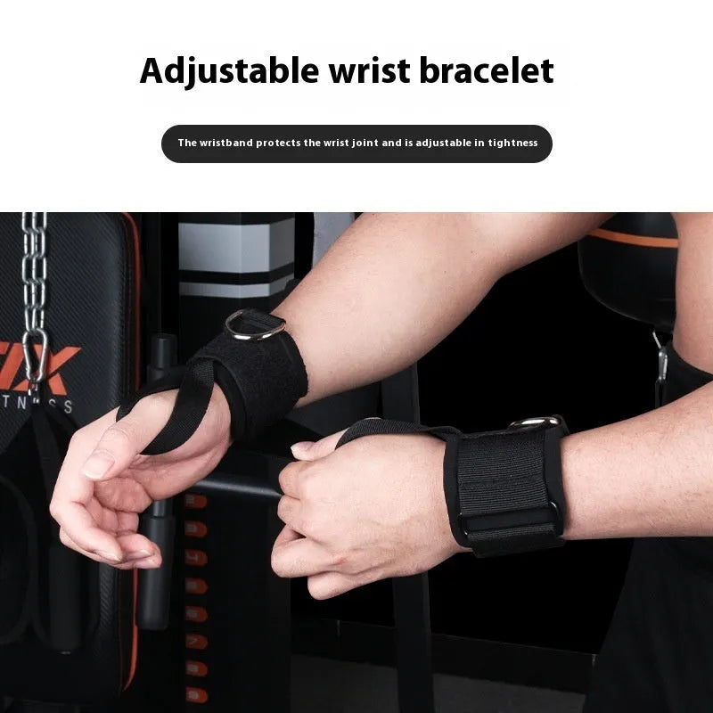 Fitness chest expander elastic belt with colour-coded sleeves indicating 100-300 pound resistance options