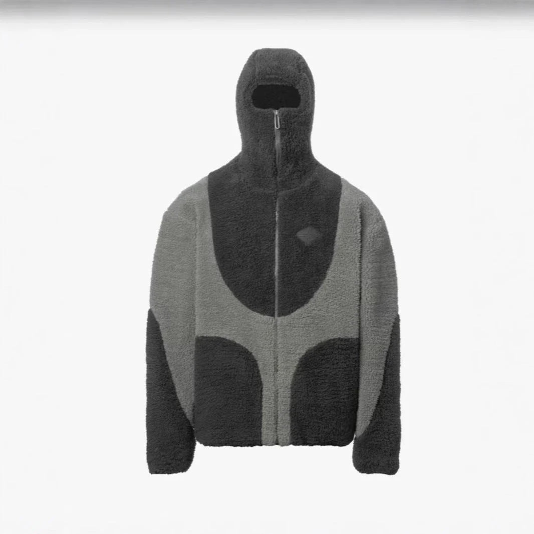 Cozy hooded fleece jacket with zipper closure, patchwork design, and variety of color options for casual men's wear