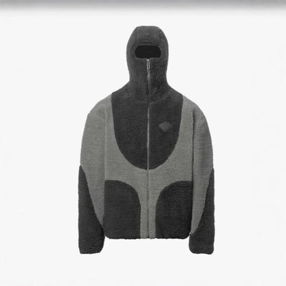 Cozy hooded fleece jacket with zipper closure, patchwork design, and variety of color options for casual men's wear