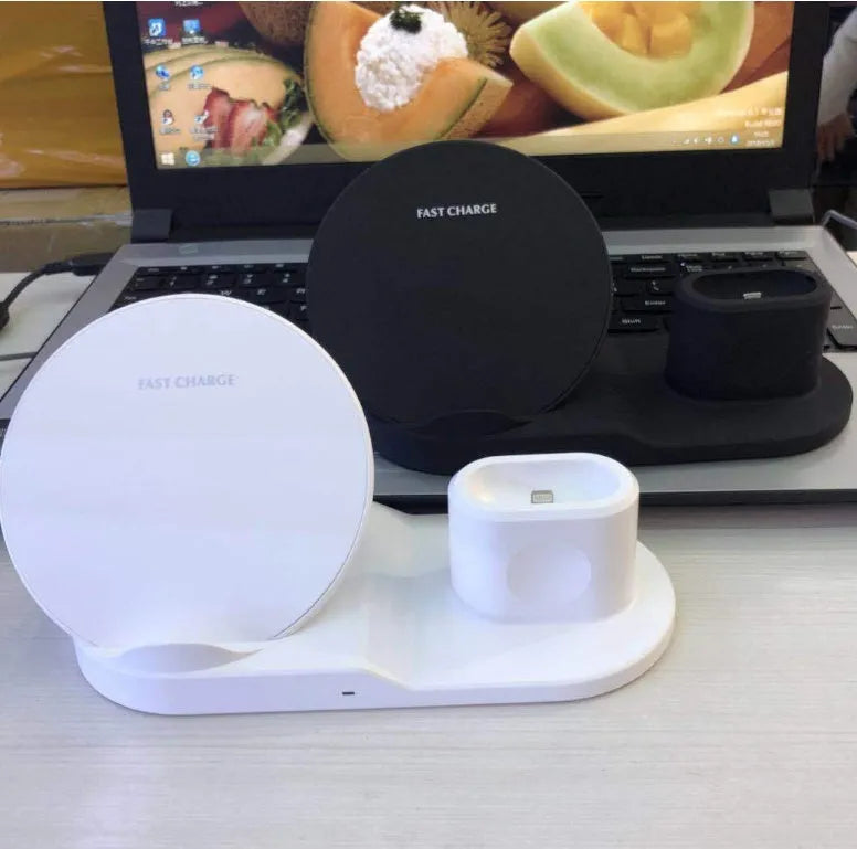 3 in 1 wireless charger stand in black holding a phone, smartwatch, and headphones