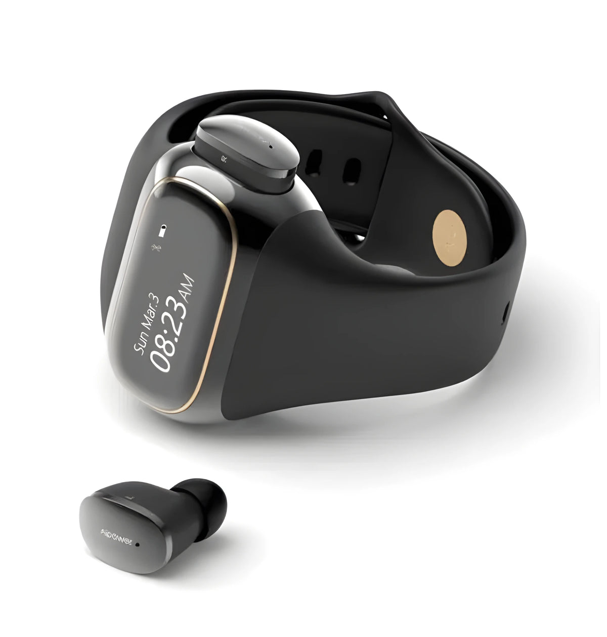 2 in 1 wireless earphone bracelet with silicone wristband in black, showing touch control and charging port