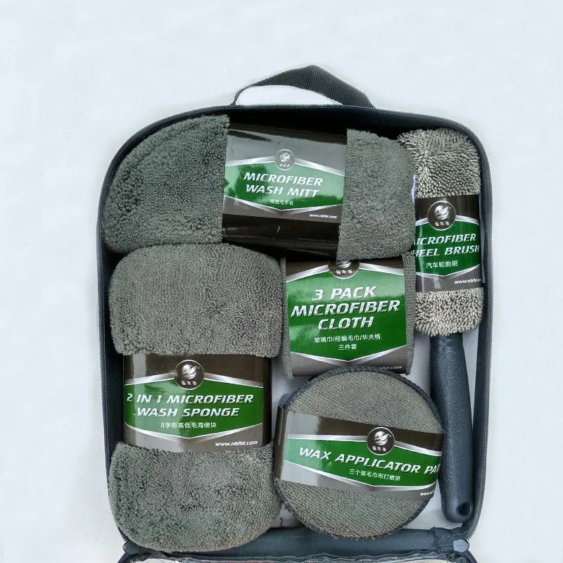 9-piece car wash cleaning kit with tyre brush, microfibre towels, sponge, glove, and waxing cakes in grey and orange