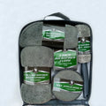 9-piece car wash cleaning kit with tyre brush, microfibre towels, sponge, glove, and waxing cakes in grey and orange