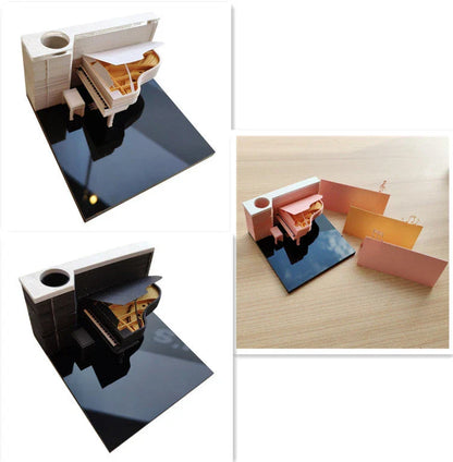 3D dimensional Christmas tree paper carving calendar notepad with various styles, including castle, ferris wheel, piano designs, and panoramic Christmas tree house