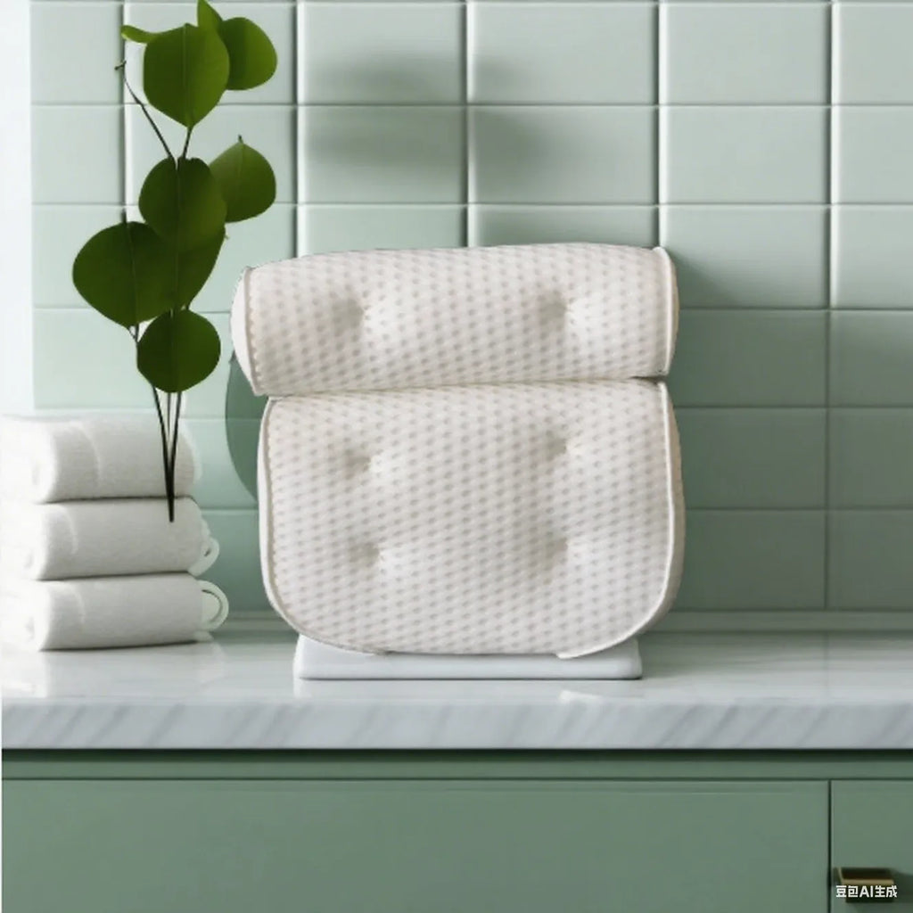 White 4D mesh bathtub pillow with non-slip suction cups, shown on a bathtub.
