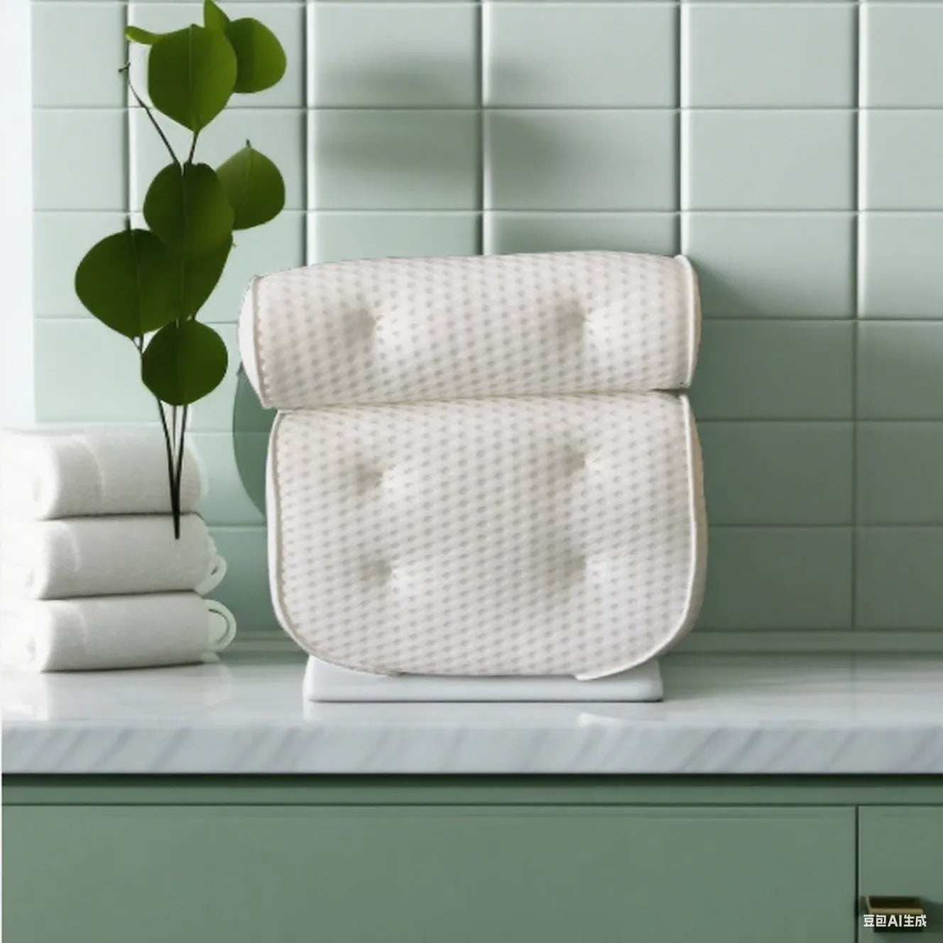 White 4D mesh bathtub pillow with non-slip suction cups, shown on a bathtub.