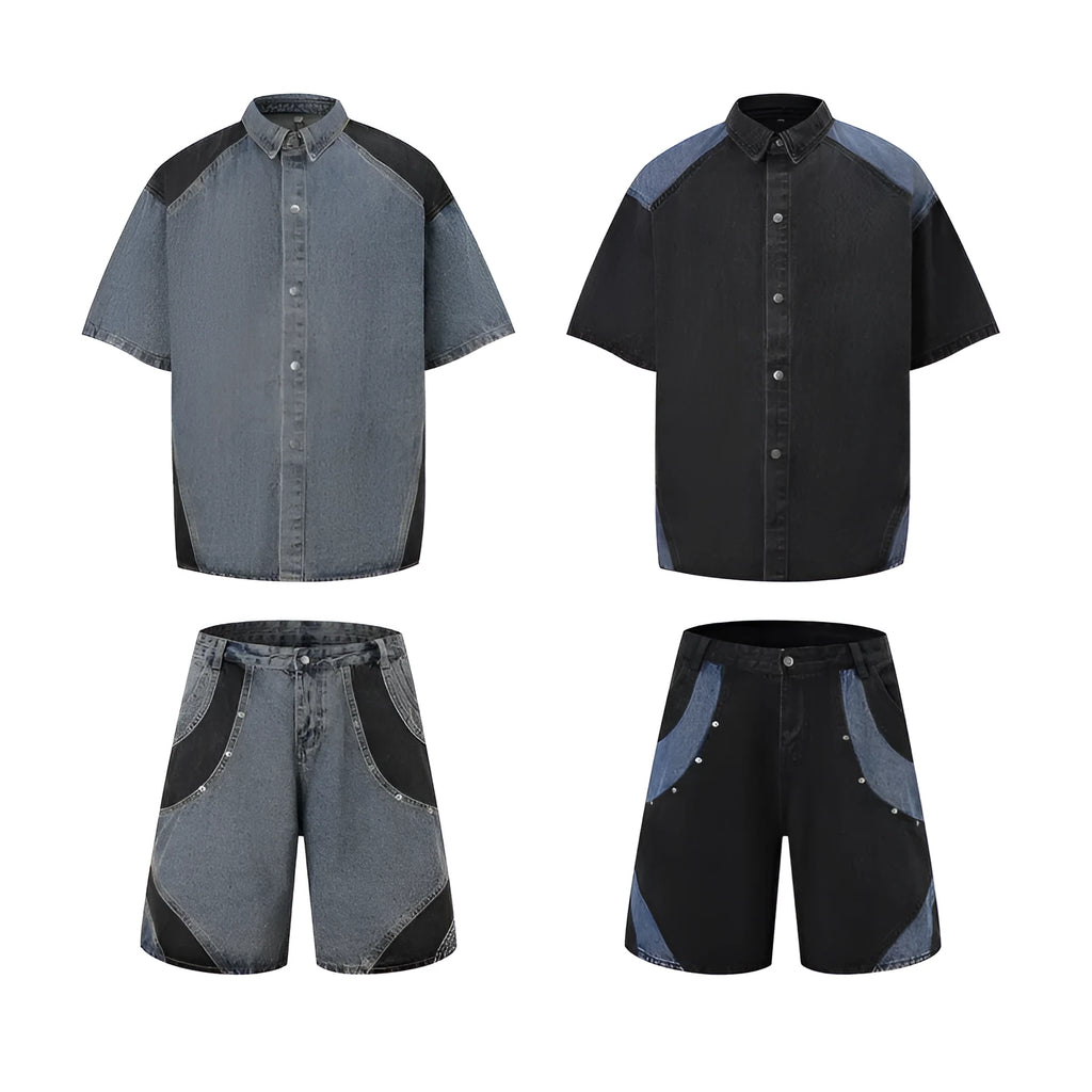 Retro washed denim shorts set with jacket and trousers in blue on a model.