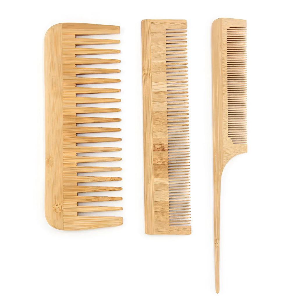 Environmentally friendly yellow Phoebe wood hair comb set with massage features on light background