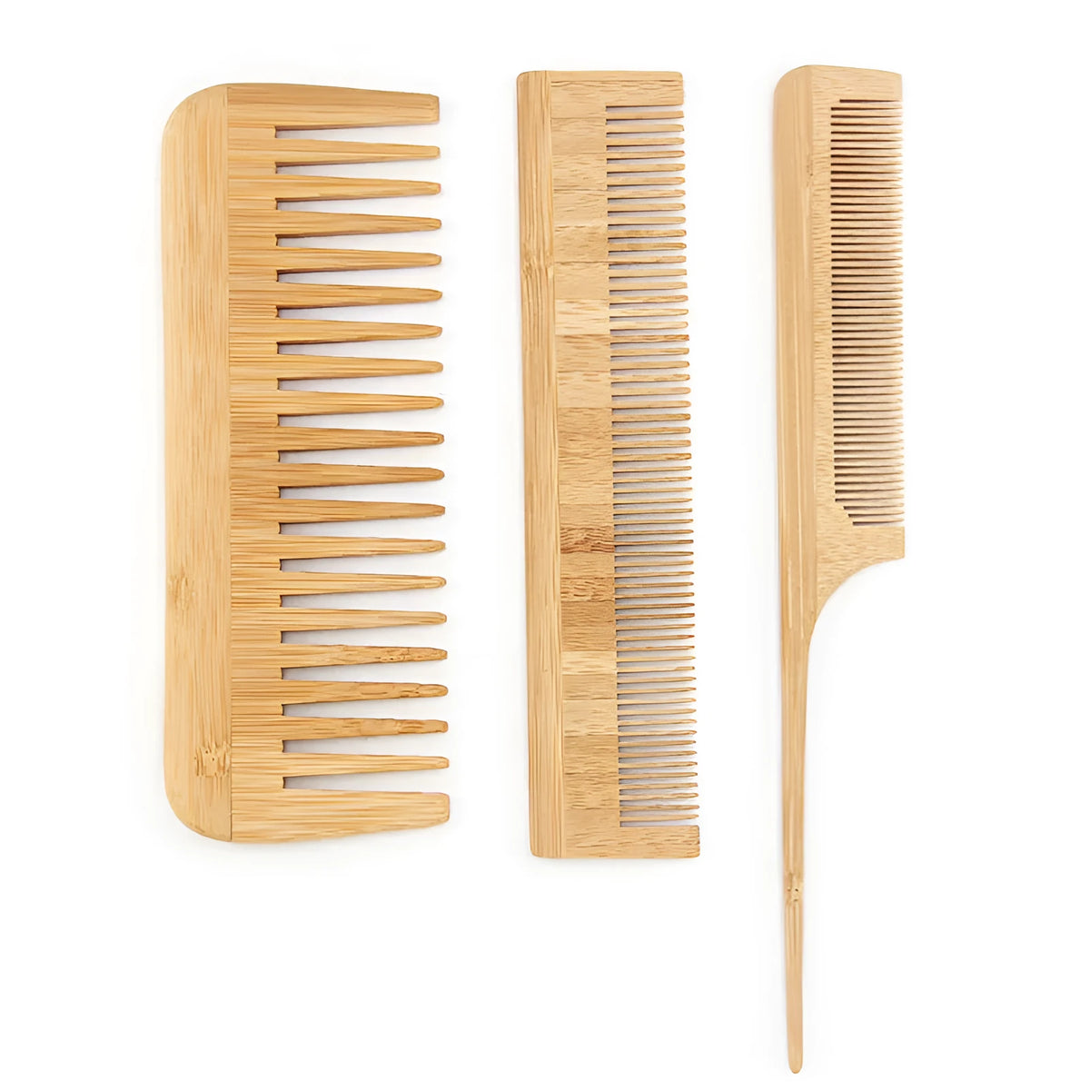 Environmentally friendly yellow Phoebe wood hair comb set with massage features on light background