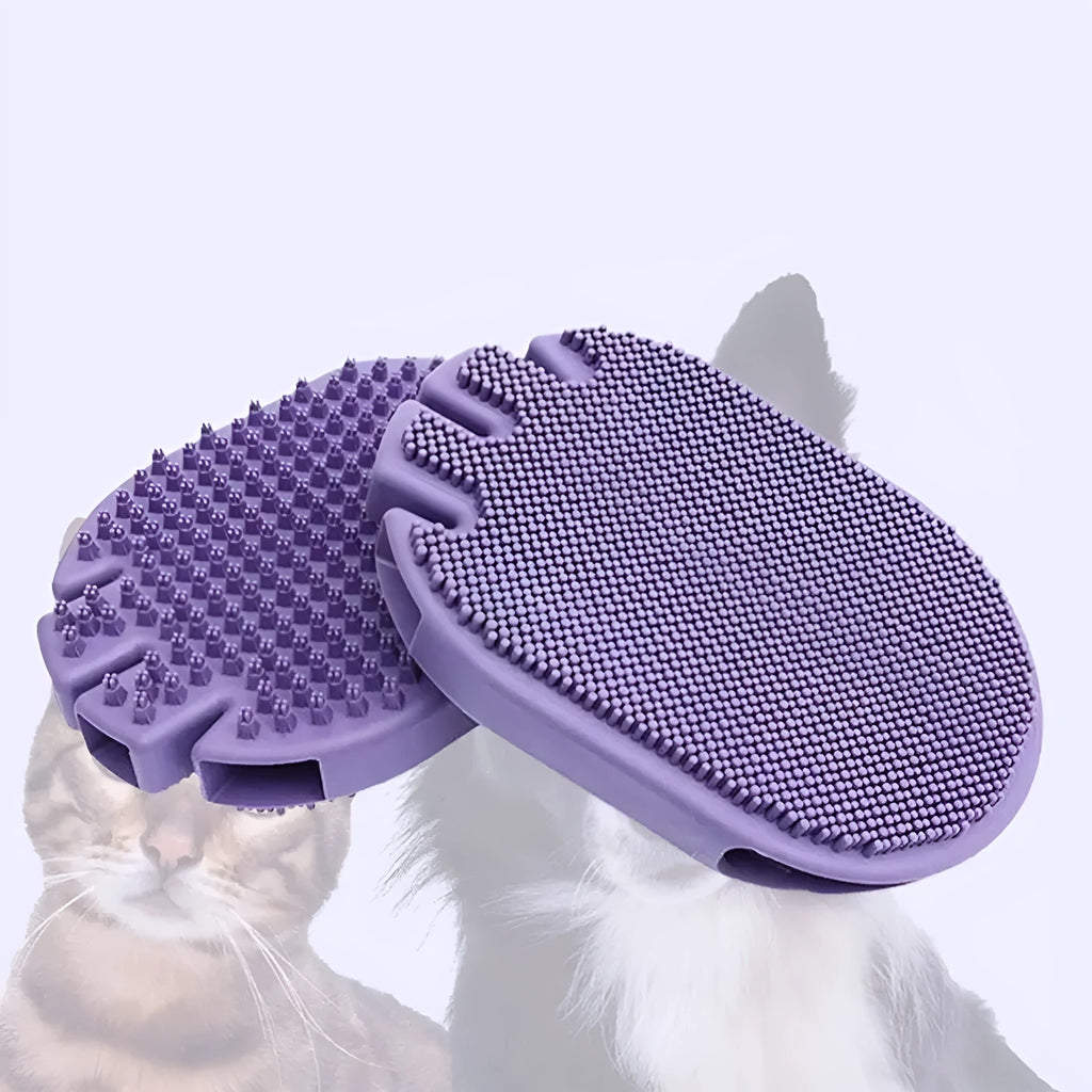 Purple pet grooming brush with soft silicone bristles and ergonomic TPR handle