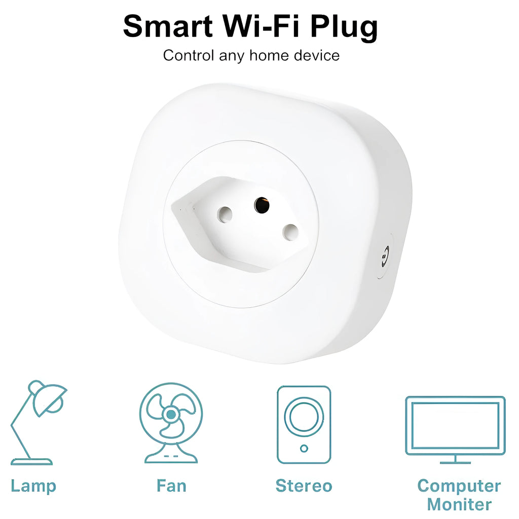 Compact square 70mm smart plug socket with Wi-Fi for voice control, 16A 3520W rating.
