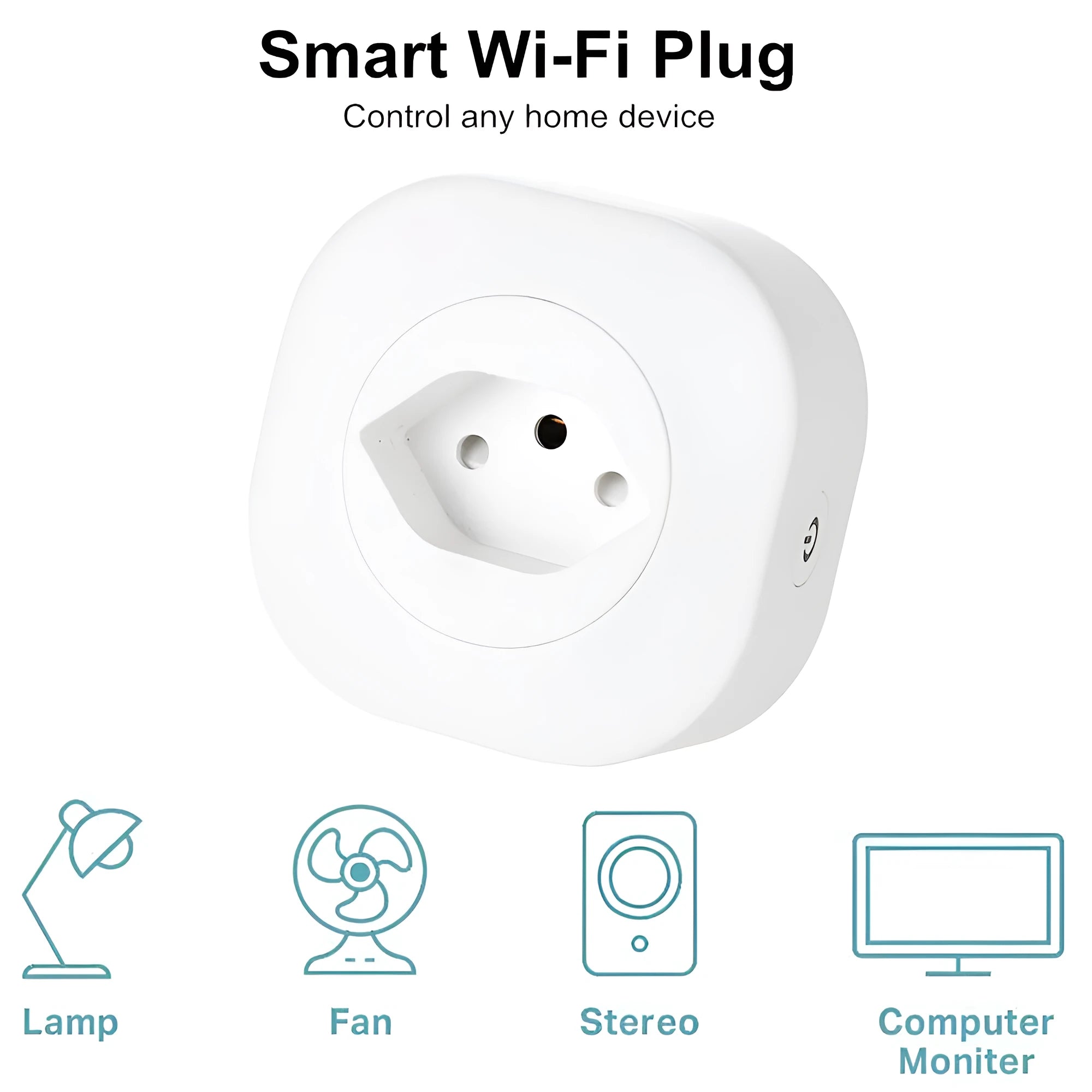 Compact square 70mm smart plug socket with Wi-Fi for voice control, 16A 3520W rating.