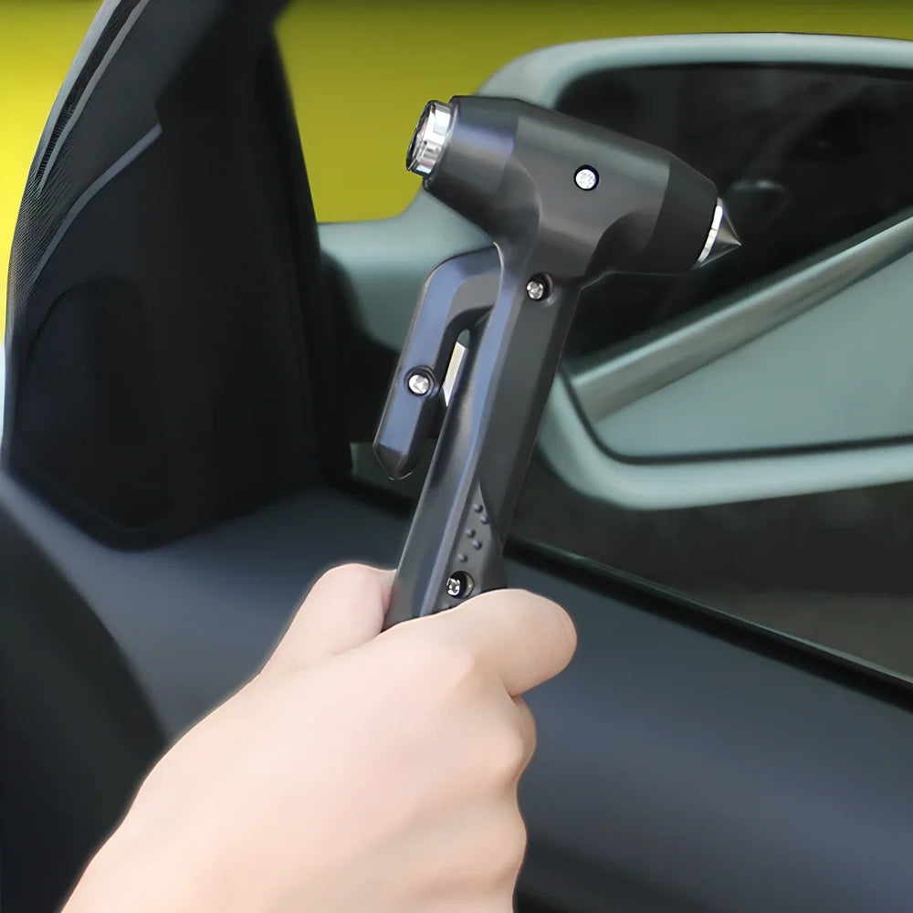 Black ABS window breaker safety hammer with pointed high carbon steel tip and seatbelt cutter, 10cm length for vehicle emergencies