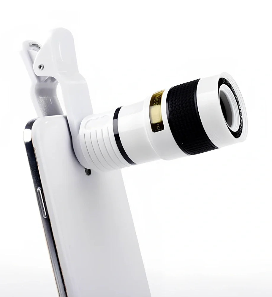 Clip-on 12x zoom telescope lens attached to Galaxy S7 phone, showing retractable design and universal clip, 80x30mm size