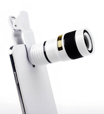 Clip-on 12x zoom telescope lens attached to Galaxy S7 phone, showing retractable design and universal clip, 80x30mm size