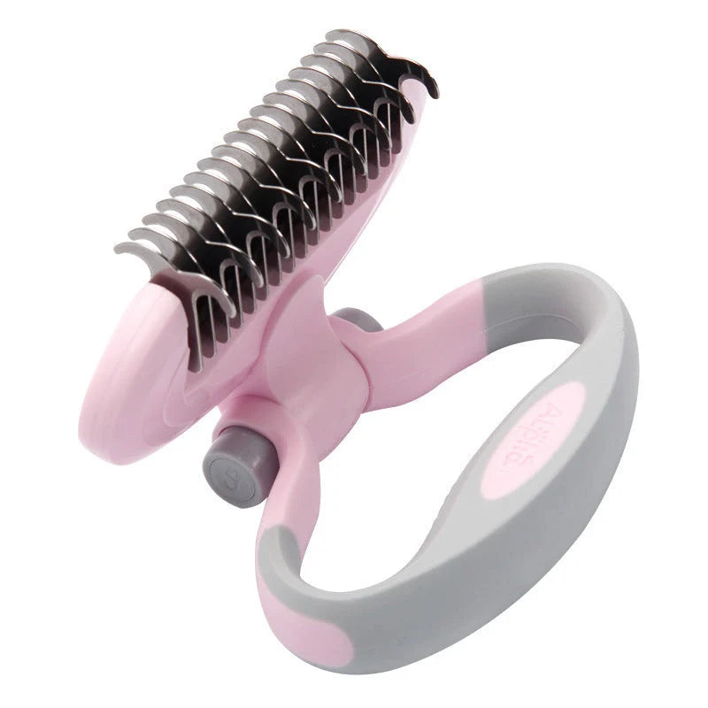 Dual-head dog comb knot remover in white, blue, and pink for gentle grooming