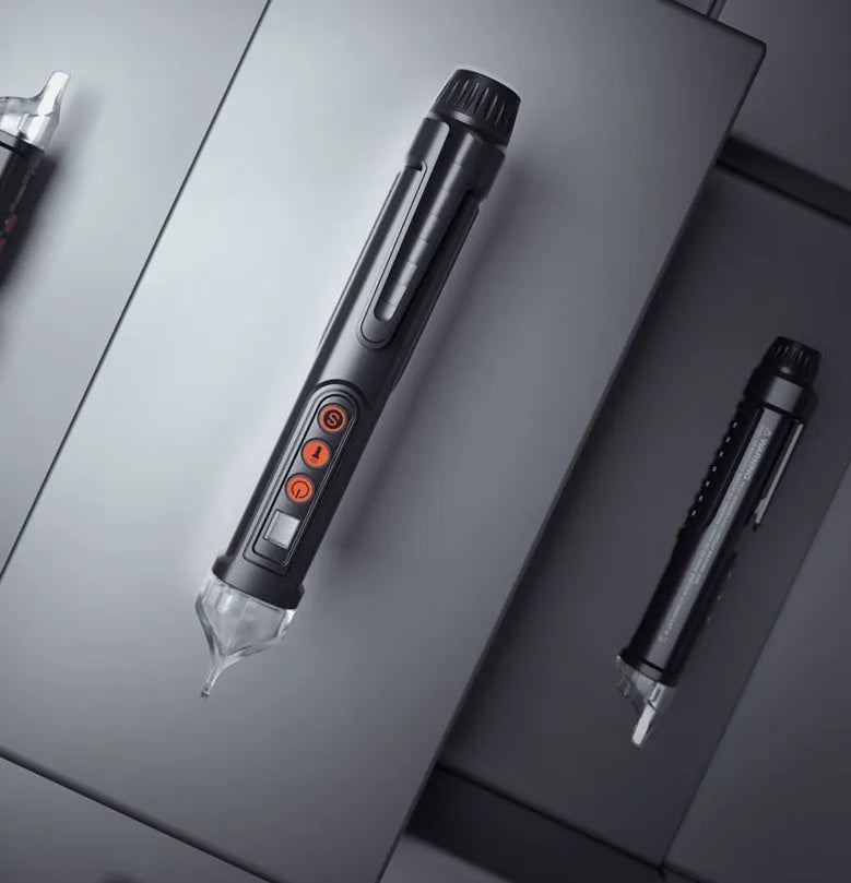 Black intelligent test pencil with sensor tip for voltage detection and automatic shut-off feature