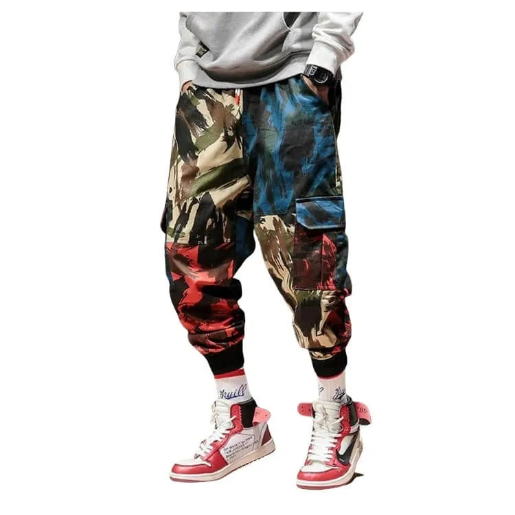 Blue camouflage overalls casual pants with loose fit, elastic waist, polyester fabric, sizes S to 5XL