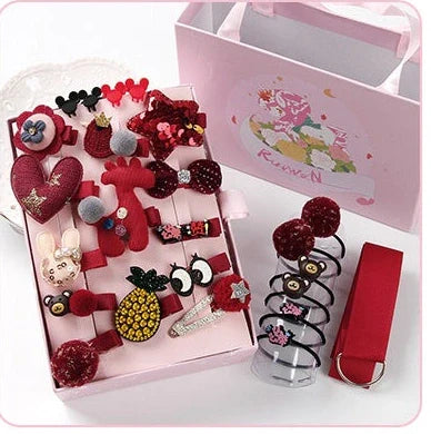 24-piece children's hair clip set with cartoon animal designs including blue fox and pink elephant