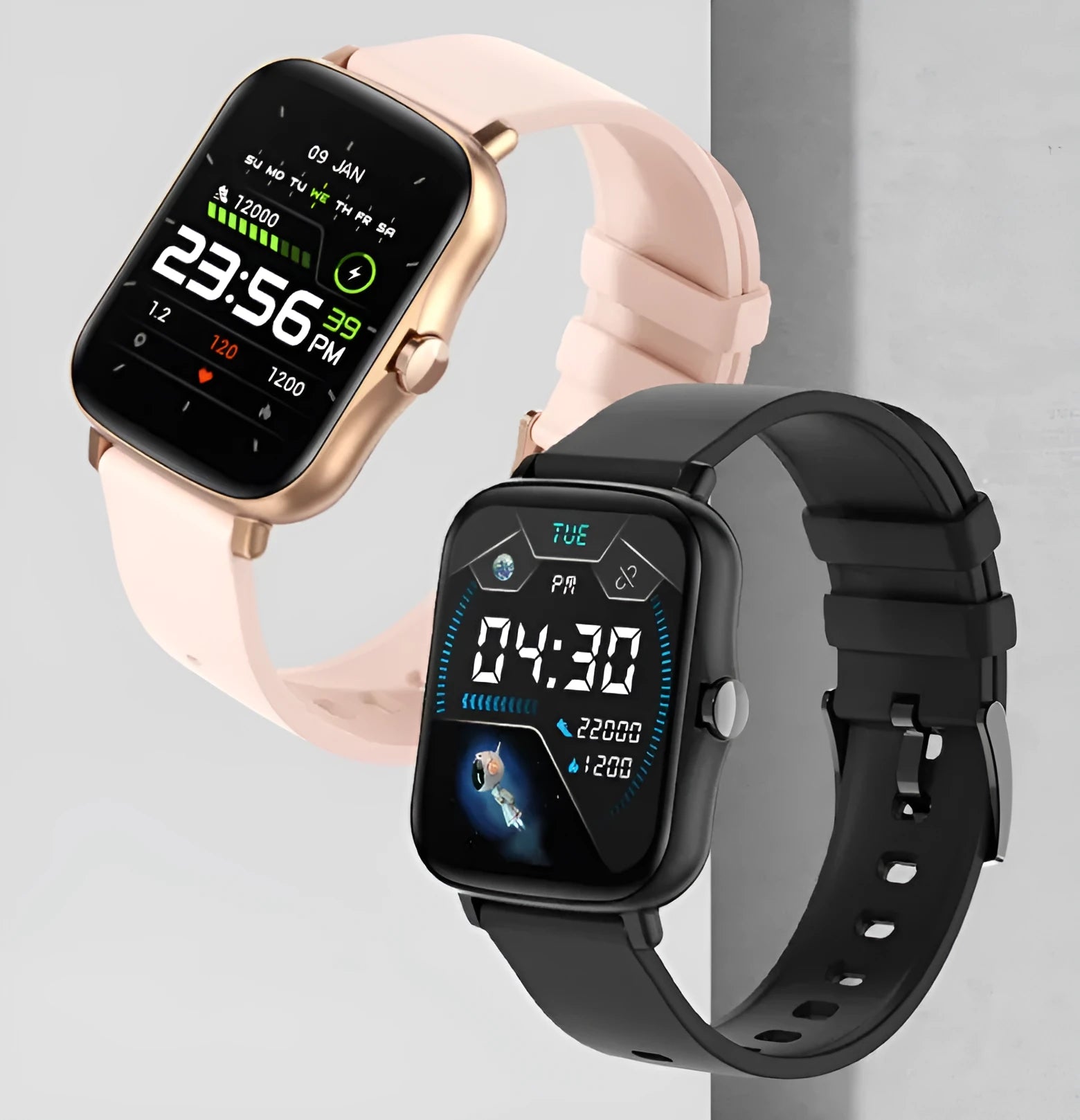 Black smart watch with 1.7-inch colour touch screen on an adjustable strap, showing Bluetooth call and fitness tracking interface.