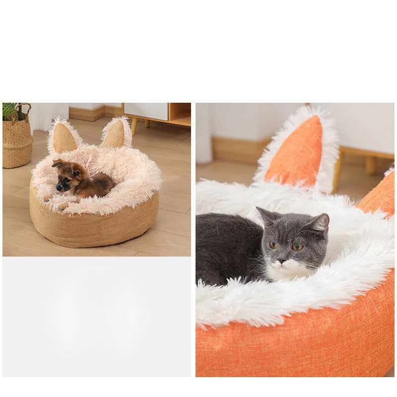 Blue faux fur plush enclosed cat bed house on a wooden floor